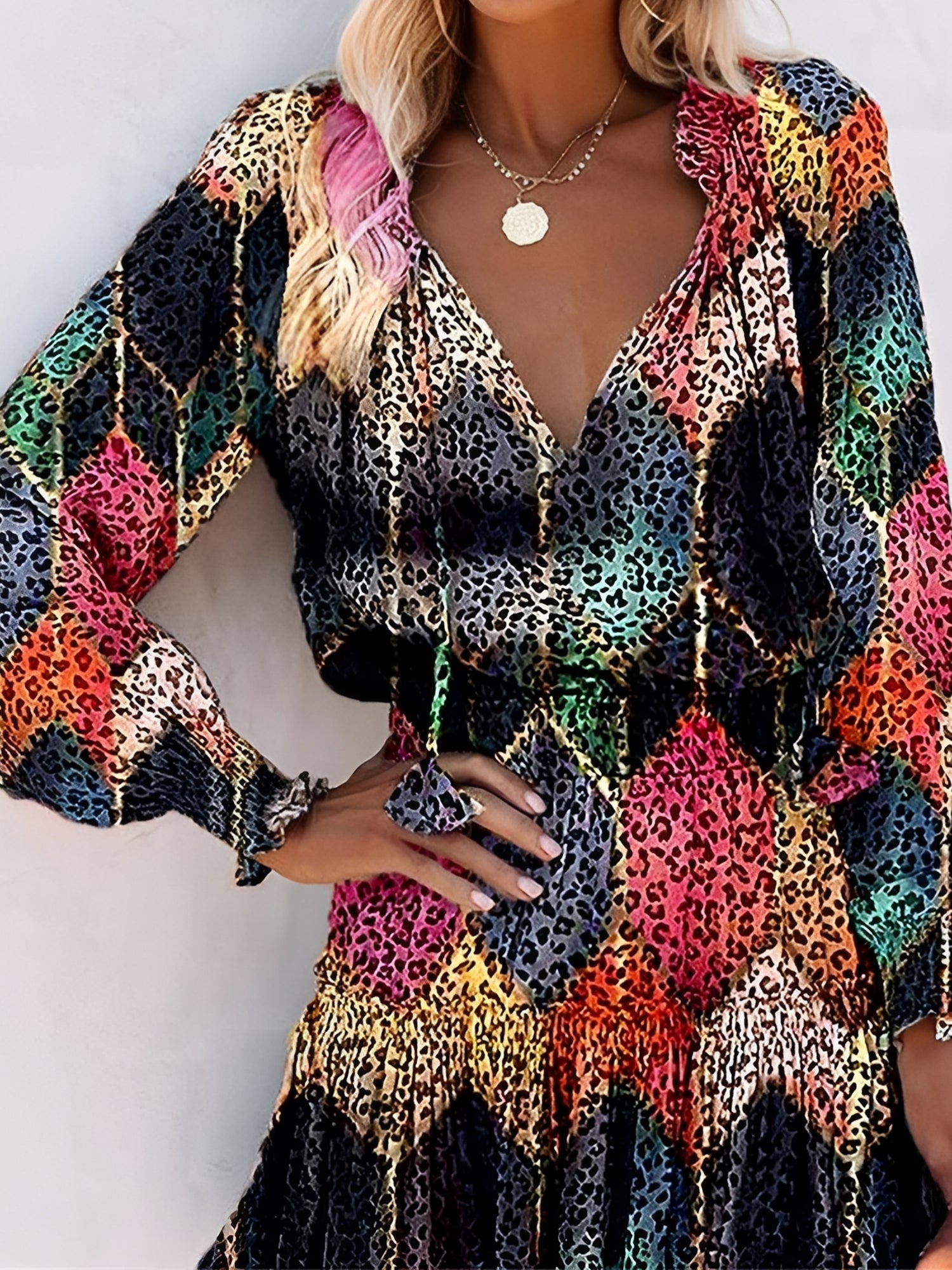 Leopard V Neck Smocked Ruffled Tiered Mini Dress