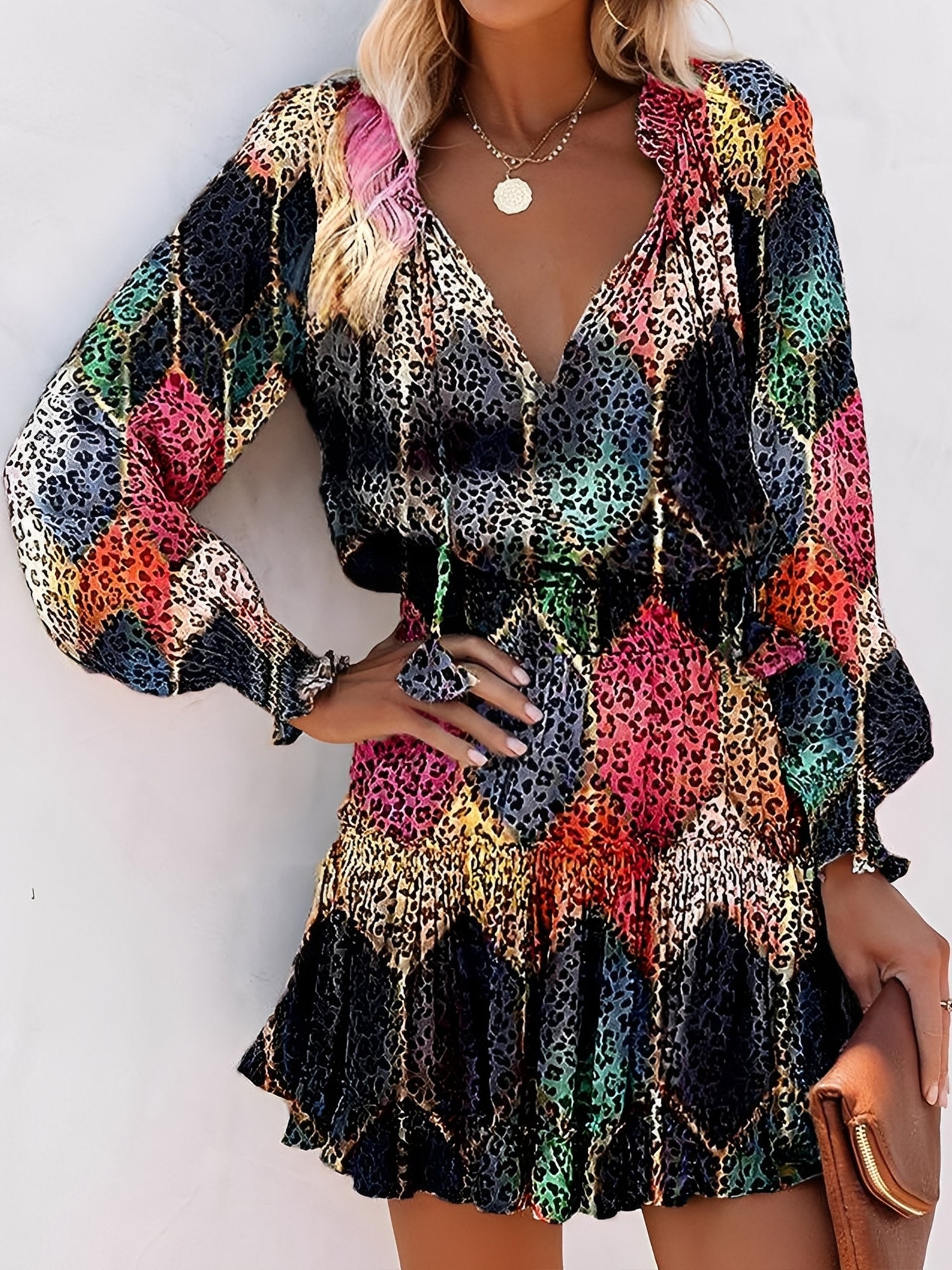 Leopard V Neck Smocked Ruffled Tiered Mini Dress