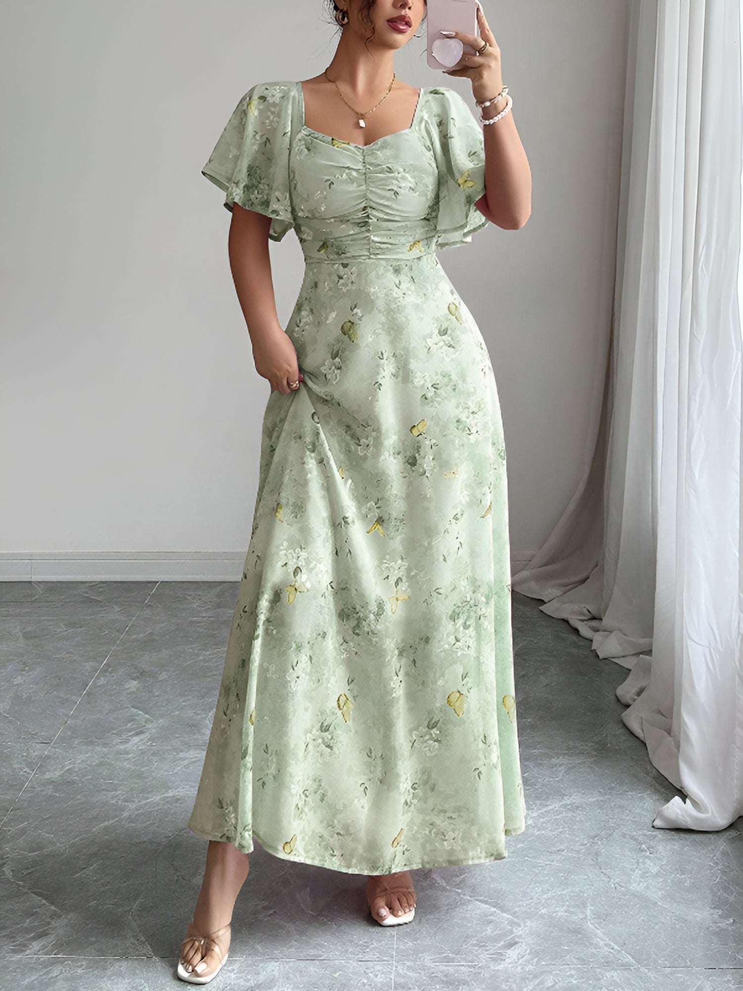 Floral Print Ruffled Sleeve Ruched Wedding Maxi Dress