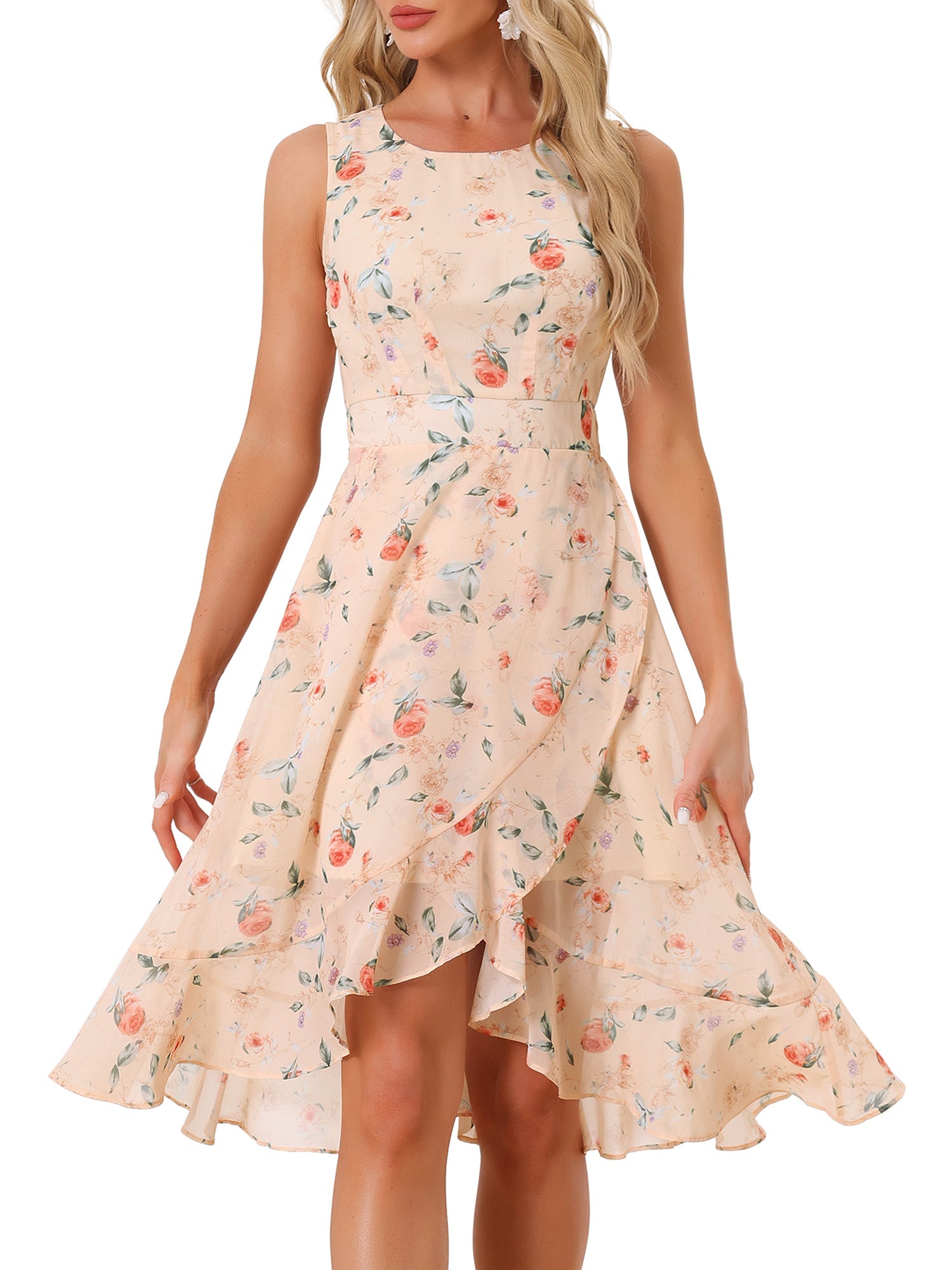 Wrap Ruffle High Low Hem Round Neck Sleeveless Floral Dress