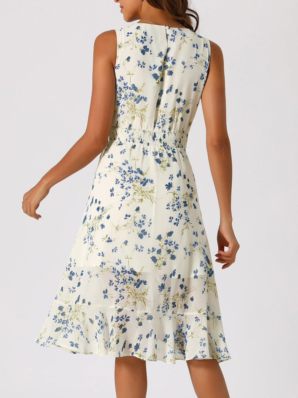 Wrap Ruffle High Low Hem Round Neck Sleeveless Floral Dress