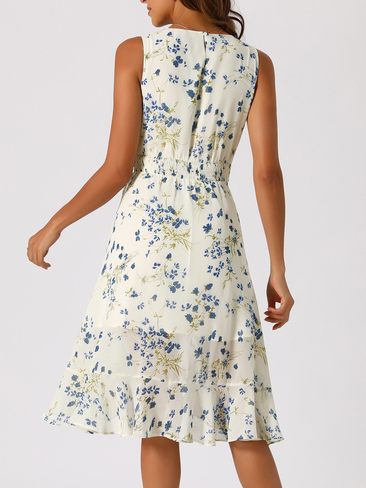 Wrap Ruffle High Low Hem Round Neck Sleeveless Floral Dress
