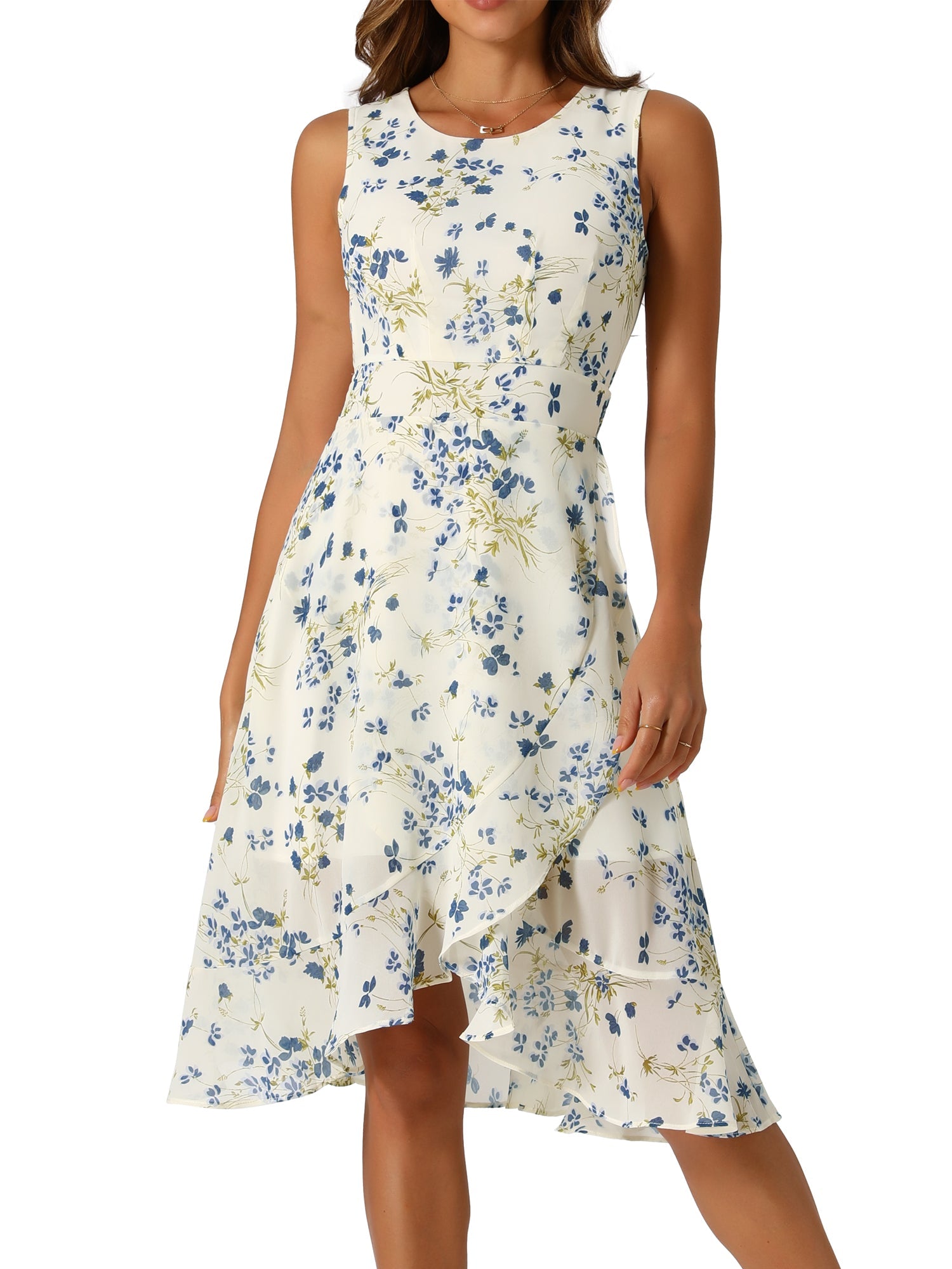 Wrap Ruffle High Low Hem Round Neck Sleeveless Floral Dress