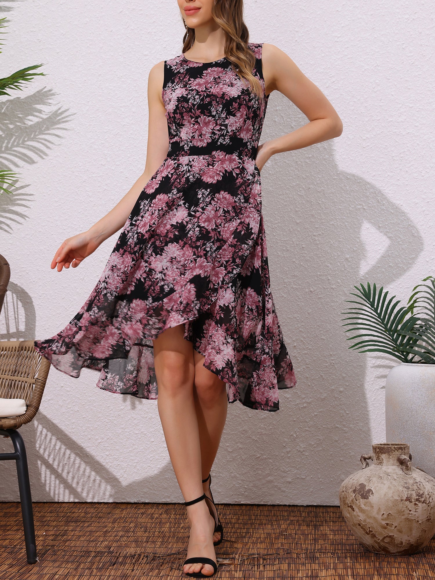 Wrap Ruffle High Low Hem Round Neck Sleeveless Floral Dress