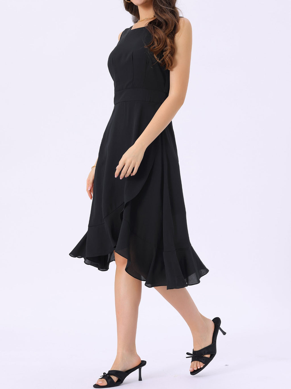 Wrap Ruffle High Low Hem Round Neck Sleeveless Floral Dress