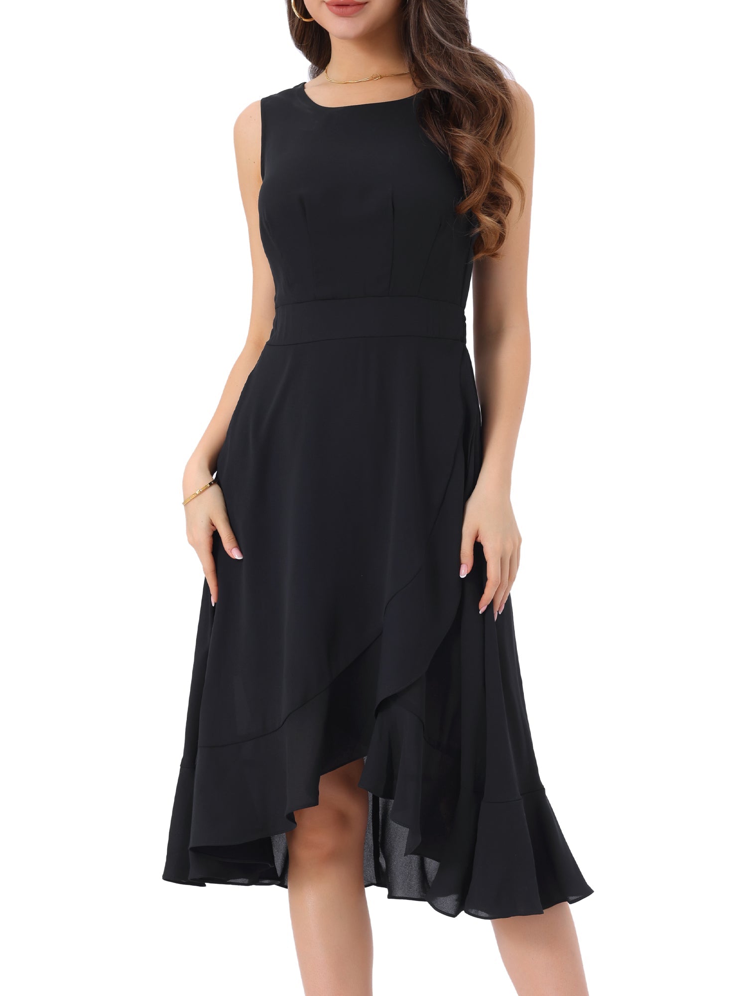 Wrap Ruffle High Low Hem Round Neck Sleeveless Floral Dress
