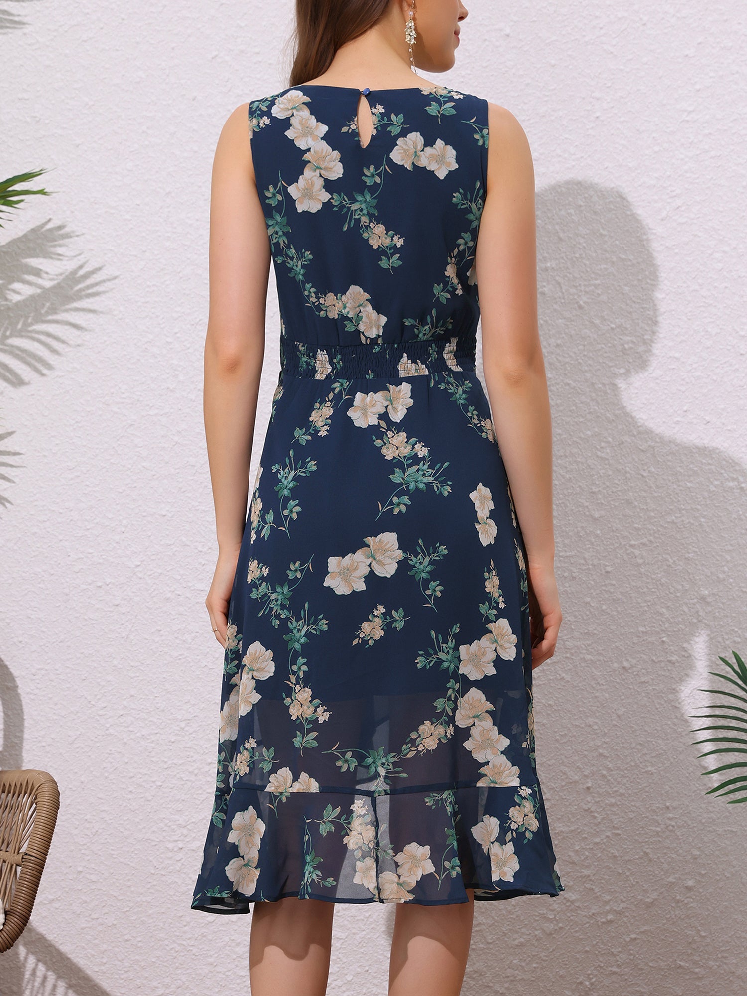 Wrap Ruffle High Low Hem Round Neck Sleeveless Floral Dress