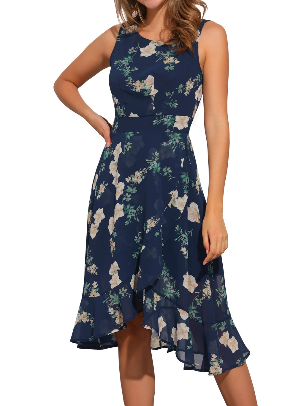 Wrap Ruffle High Low Hem Round Neck Sleeveless Floral Dress
