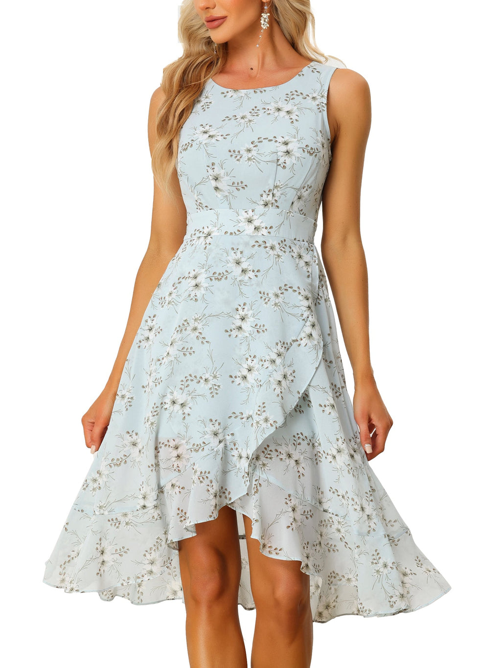 Wrap Ruffle High Low Hem Round Neck Sleeveless Floral Dress