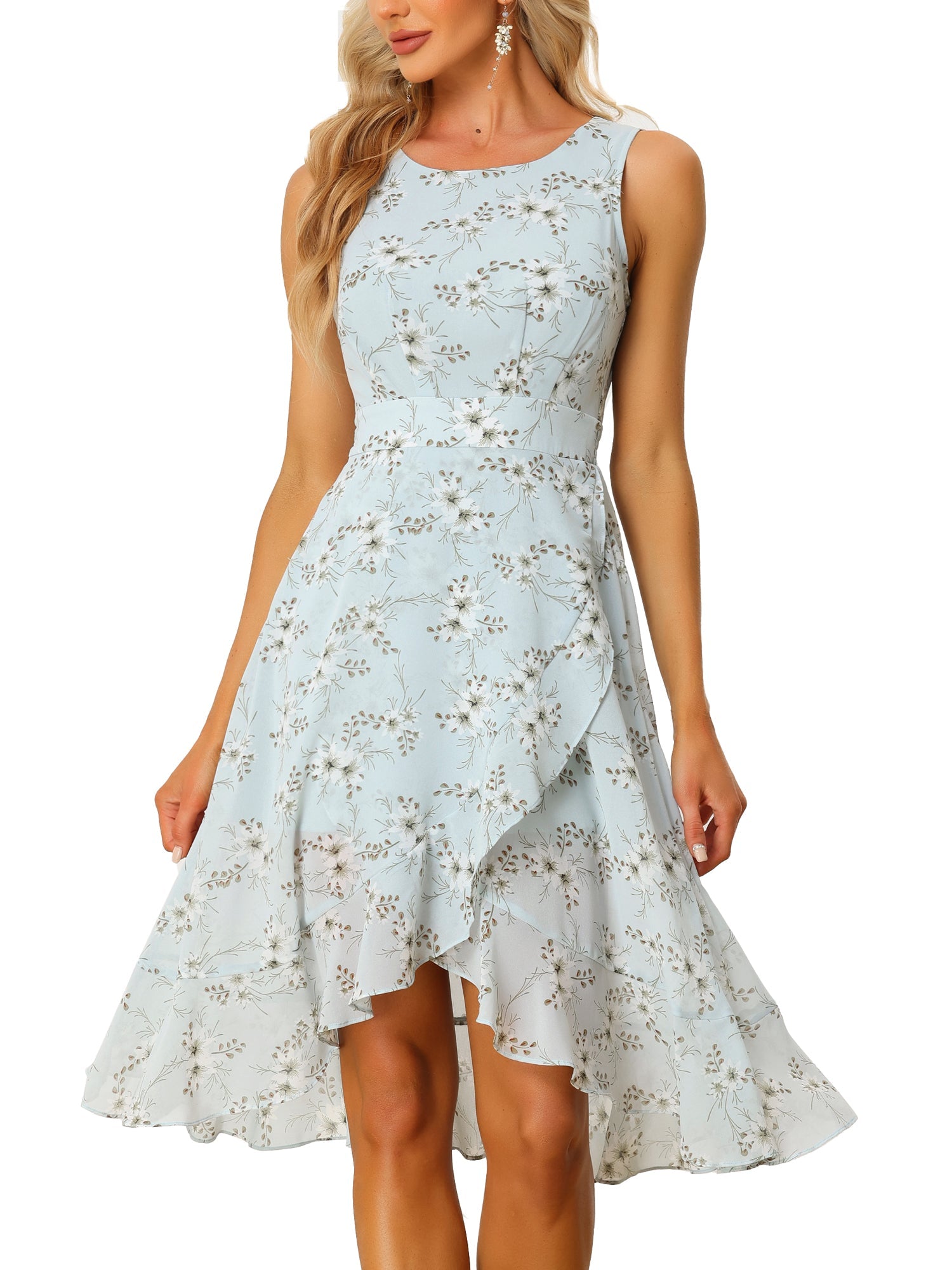 Wrap Ruffle High Low Hem Round Neck Sleeveless Floral Dress