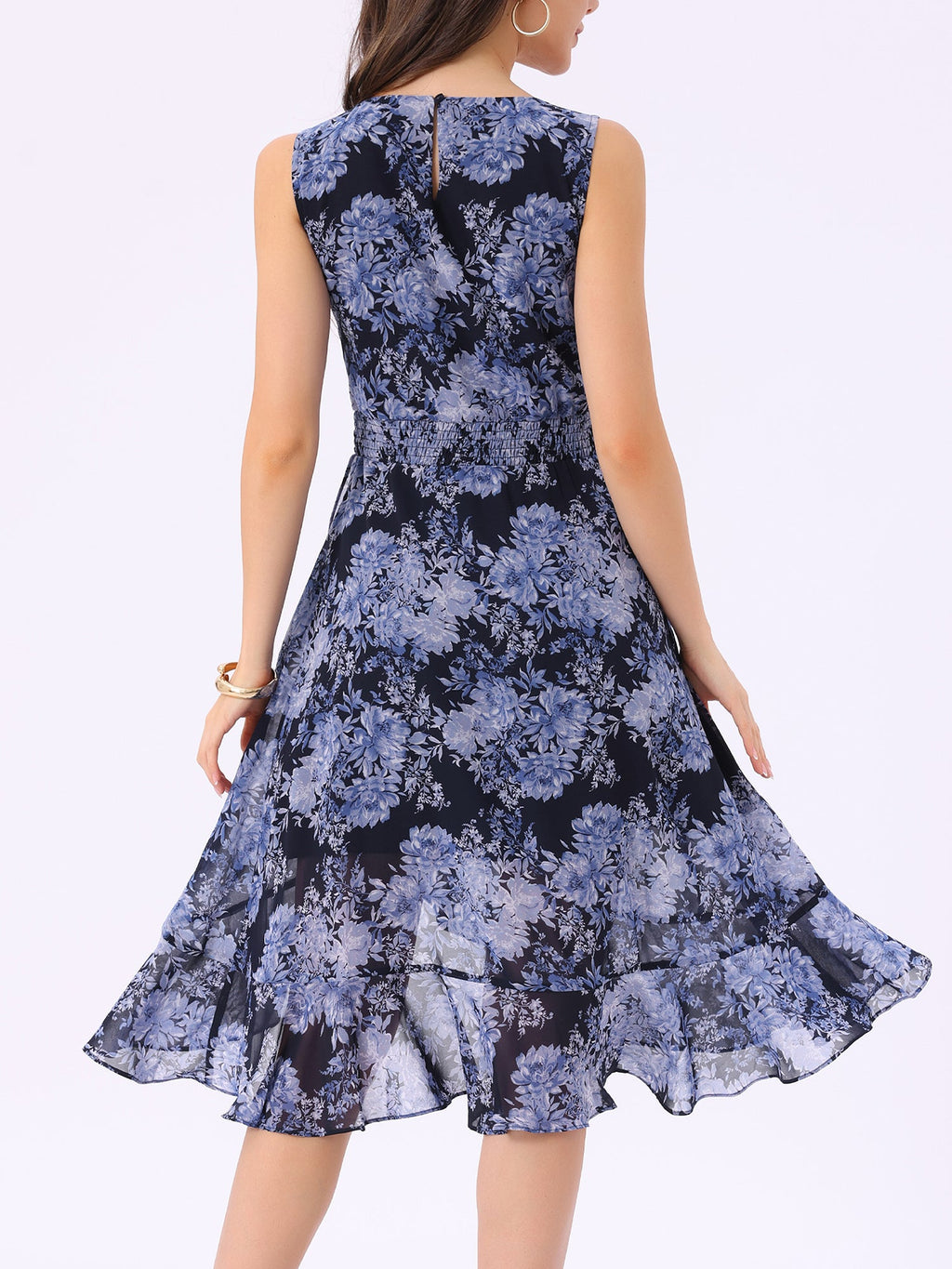 Wrap Ruffle High Low Hem Round Neck Sleeveless Floral Dress