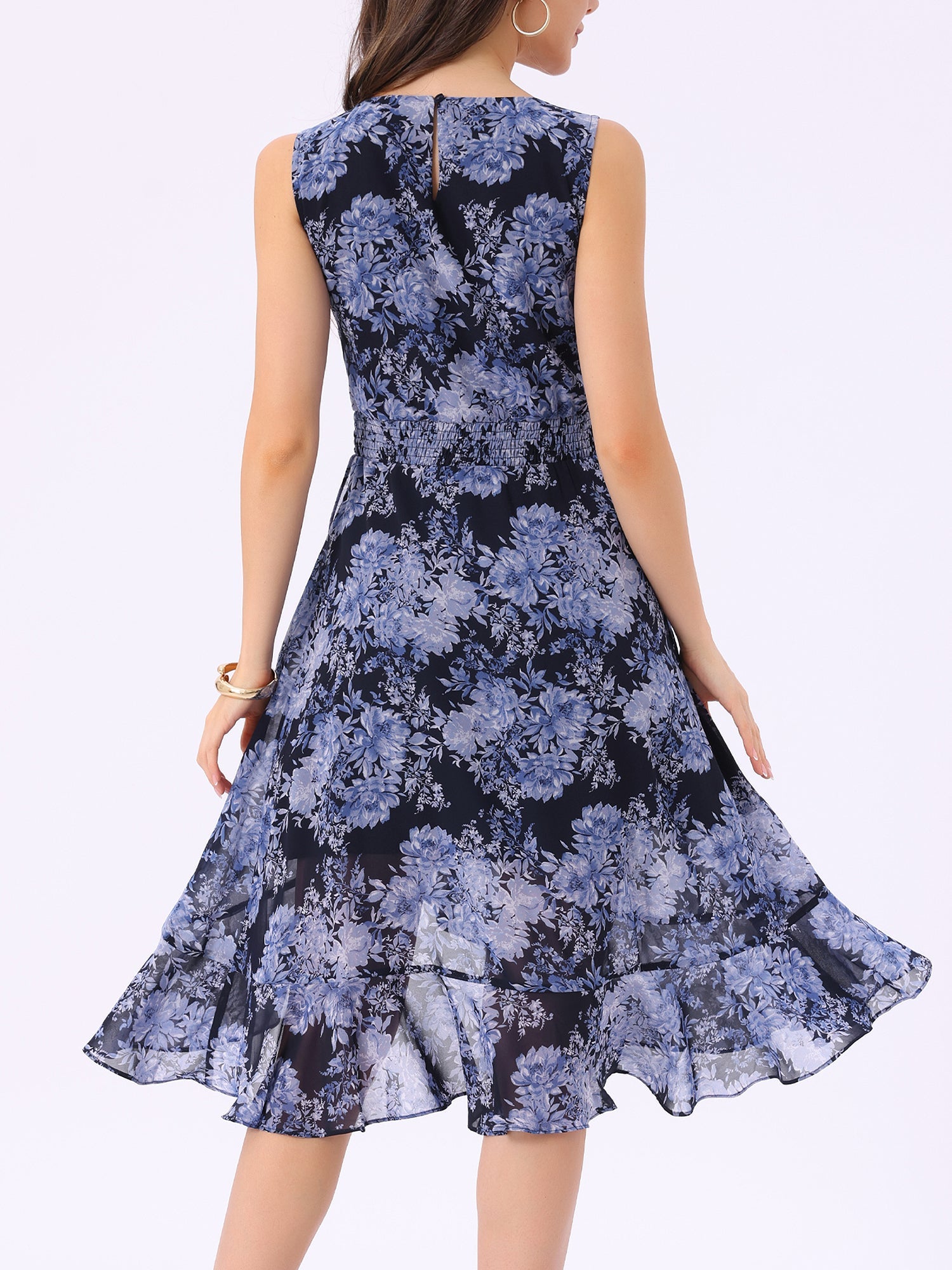 Wrap Ruffle High Low Hem Round Neck Sleeveless Floral Dress