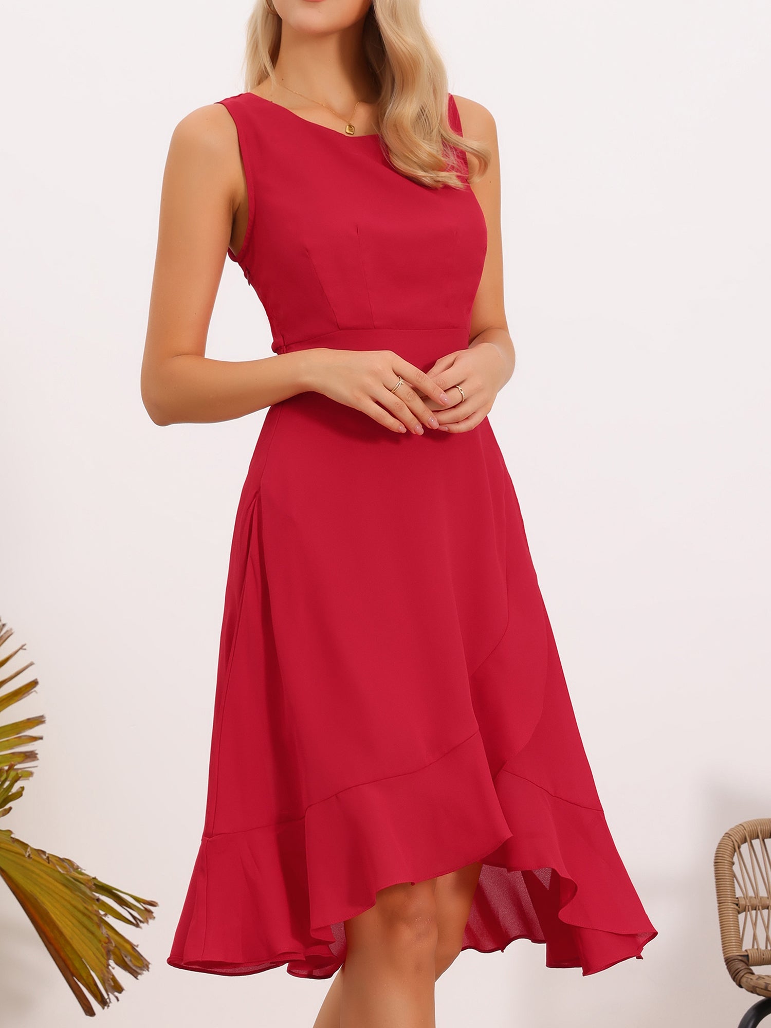 Wrap Ruffle High Low Hem Round Neck Sleeveless Floral Dress