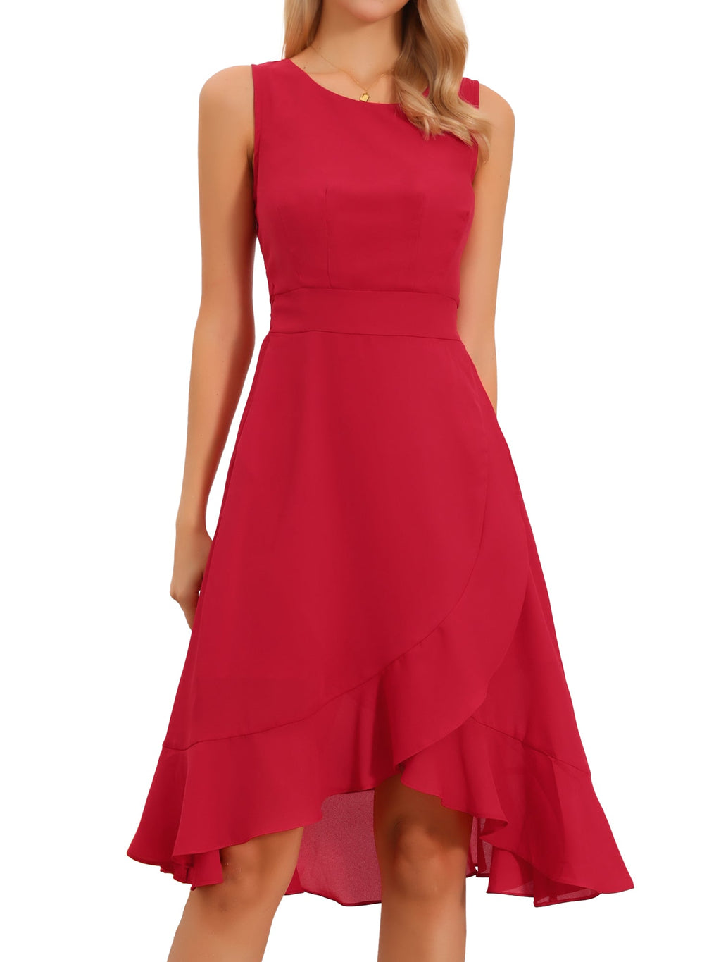 Wrap Ruffle High Low Hem Round Neck Sleeveless Floral Dress