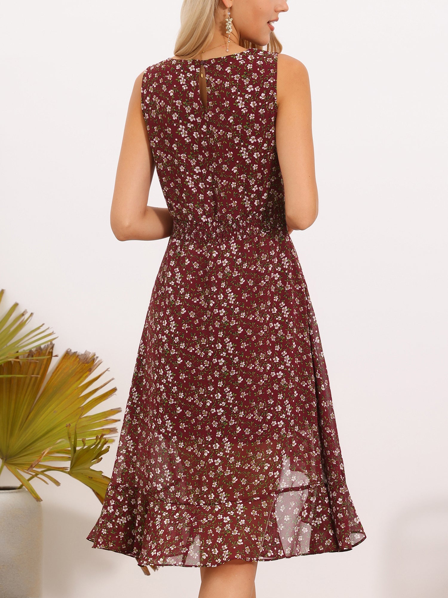 Wrap Ruffle High Low Hem Round Neck Sleeveless Floral Dress